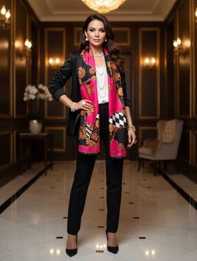 HONEY signed oblong Baroque Print Scarf in Hot Pink, Black & Gold - 100% SILK